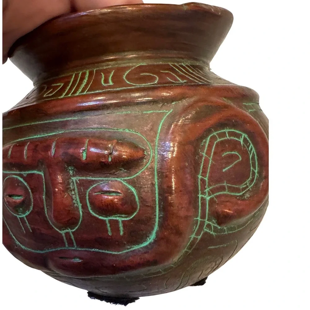 Handmade Red Clay Pottery Vessel Incised Tribal Face Design Green Accents 5